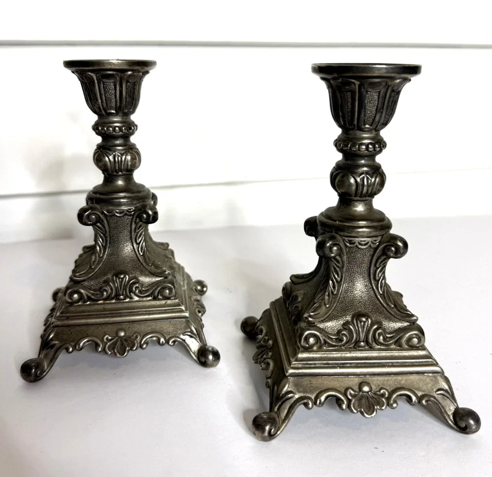 Pair of Antique Baroque Pewter Italian Rococo Italian Altar Candle Stick Holders